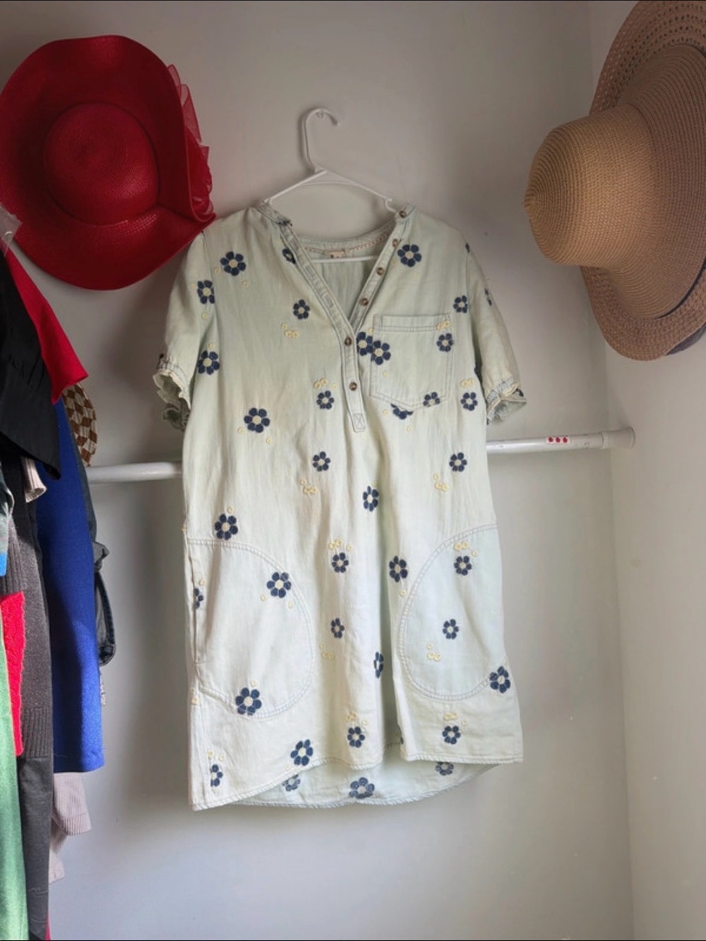 Pilcro Cream Mini Dress with Navy Floral Embroidery